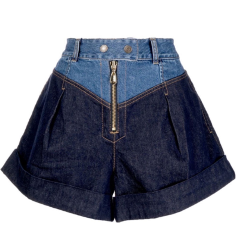 Zimmermann Two-tone Zip-front Denim Shorts In Dark Denim